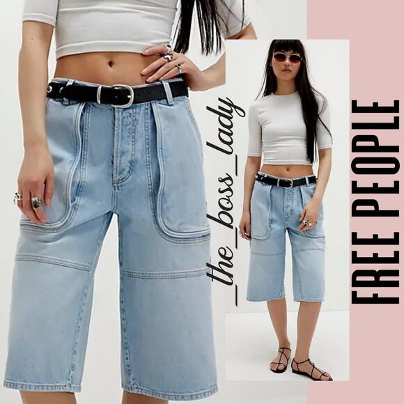 Free People cropped jeans pants long shorts denim bermuda relaxed cotton 26 - Picture 1 of 9